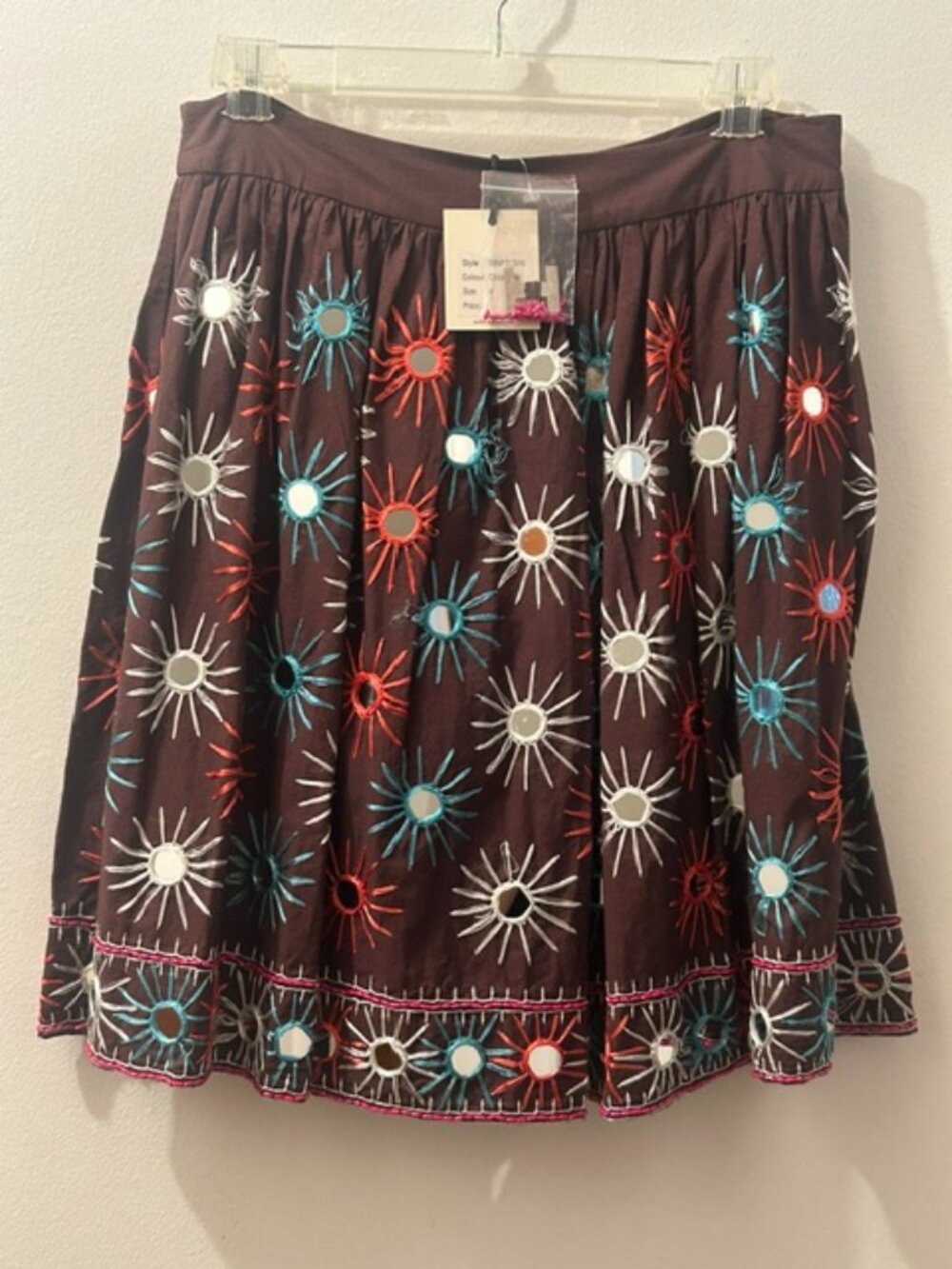MILLY New York Chocolate Mirror Sun Embroidered BoHo Lined Hippy Skirt NWT